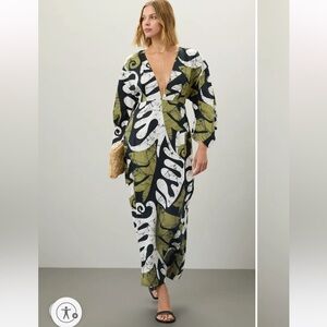 Mara Hoffman Irana Olive Green Black and White Leaf Print maxi dress